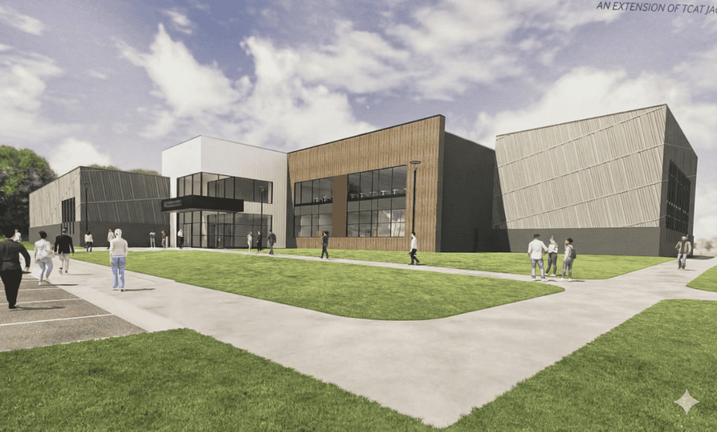 3d rendering of a building with sidewalks and many people walking on them